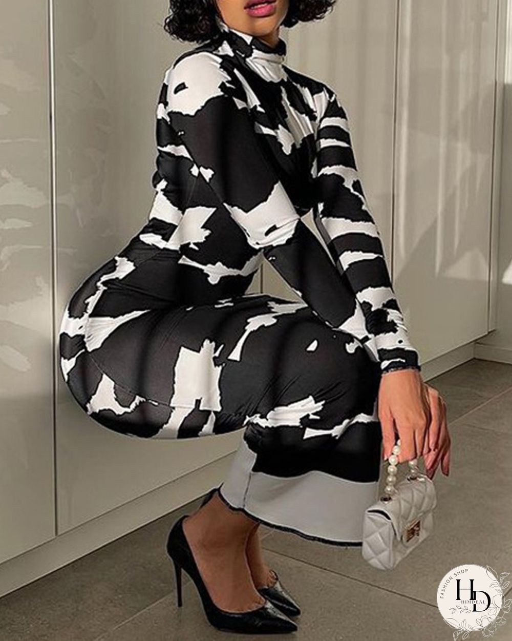 Abstract Print High Neck Bodycon Dress