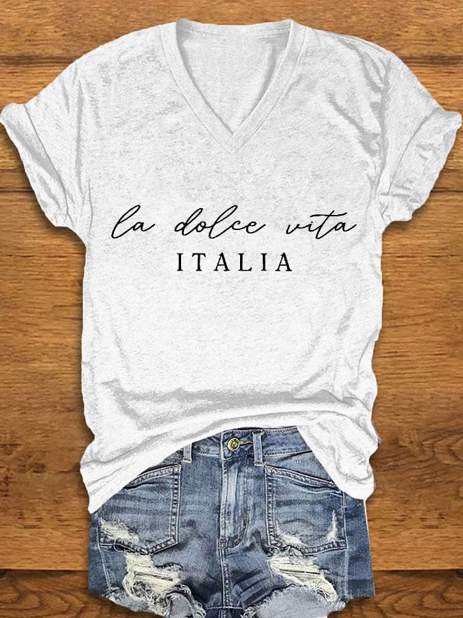 Women's "La Dolce Vita Italia" printed V-neck T-shirt