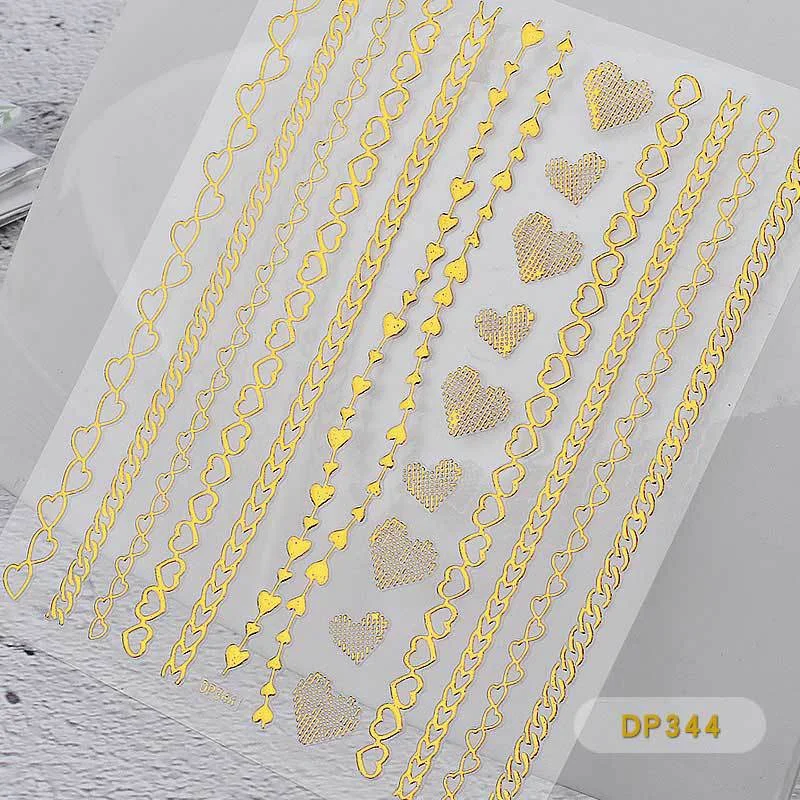 1Pcs 14x9cm 3D Metal Fashion Pattern Glamour Nail Art Sticker Self-adhesive Tape 3D Gold Chain Zipper Nail Design Applique