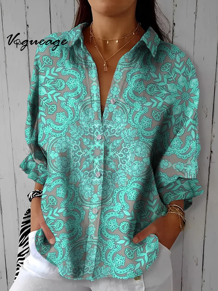 Retro Intellectual Elegant Plant Pattern Printed Cotton And Linen Shirt