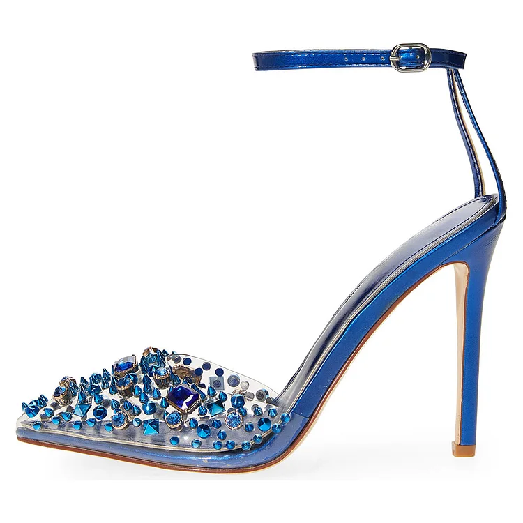 Blue Ankle Strap Prom Heels Clear Upper Rhinestone Studs Sandals |FSJ Shoes
