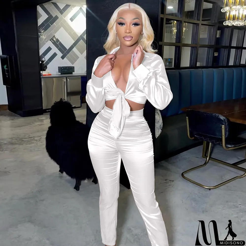 MidiSono - Sexy V-neck Lace-up Slim Two-piece Suit