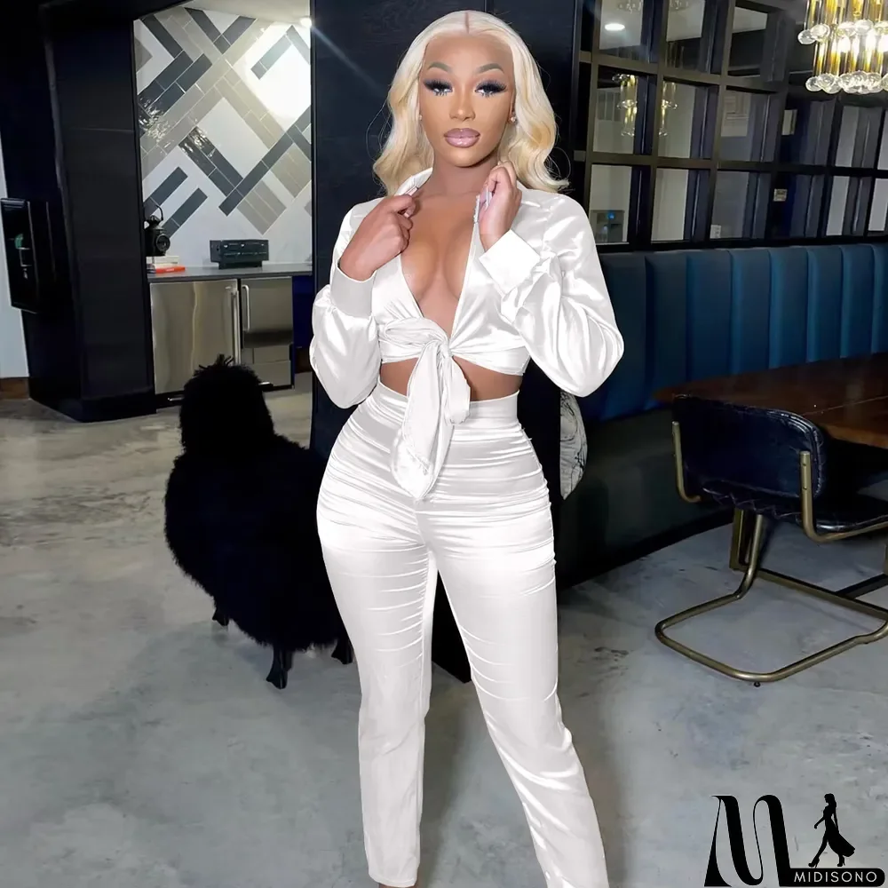 MidiSono - Sexy V-neck Lace-up Slim Two-piece Suit