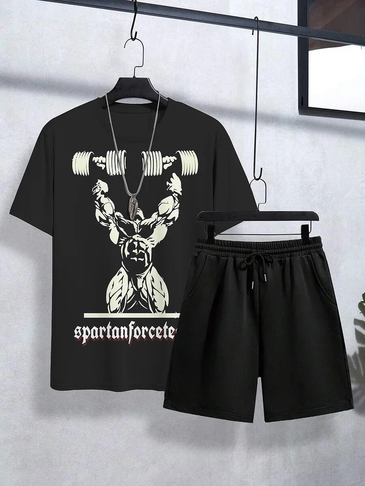 Men's Weightlifting Fitness Graphic Print T-Shirt Shorts Set