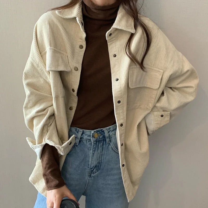 Spring New Women Solid Corduroy Shirts Jackets Full Sleeve Turn-Down Collar Oversize Coats Casual Autumn Basic Outwear T0O901F