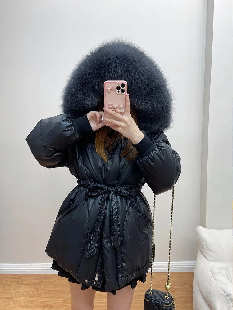 Nncharge Winter Women Large Real Fur Collar Hooded Zipper Jacket 90% White Duck Down Coat Casual Loose Drawstring Thick Outwear