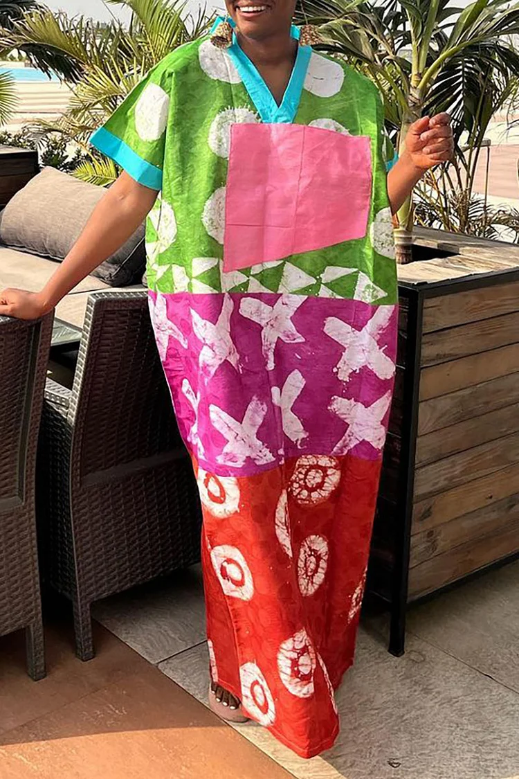 Plus Size Multicolor Casual All Over Print V Neck Patchwork Maxi Dresses [Pre-Order]