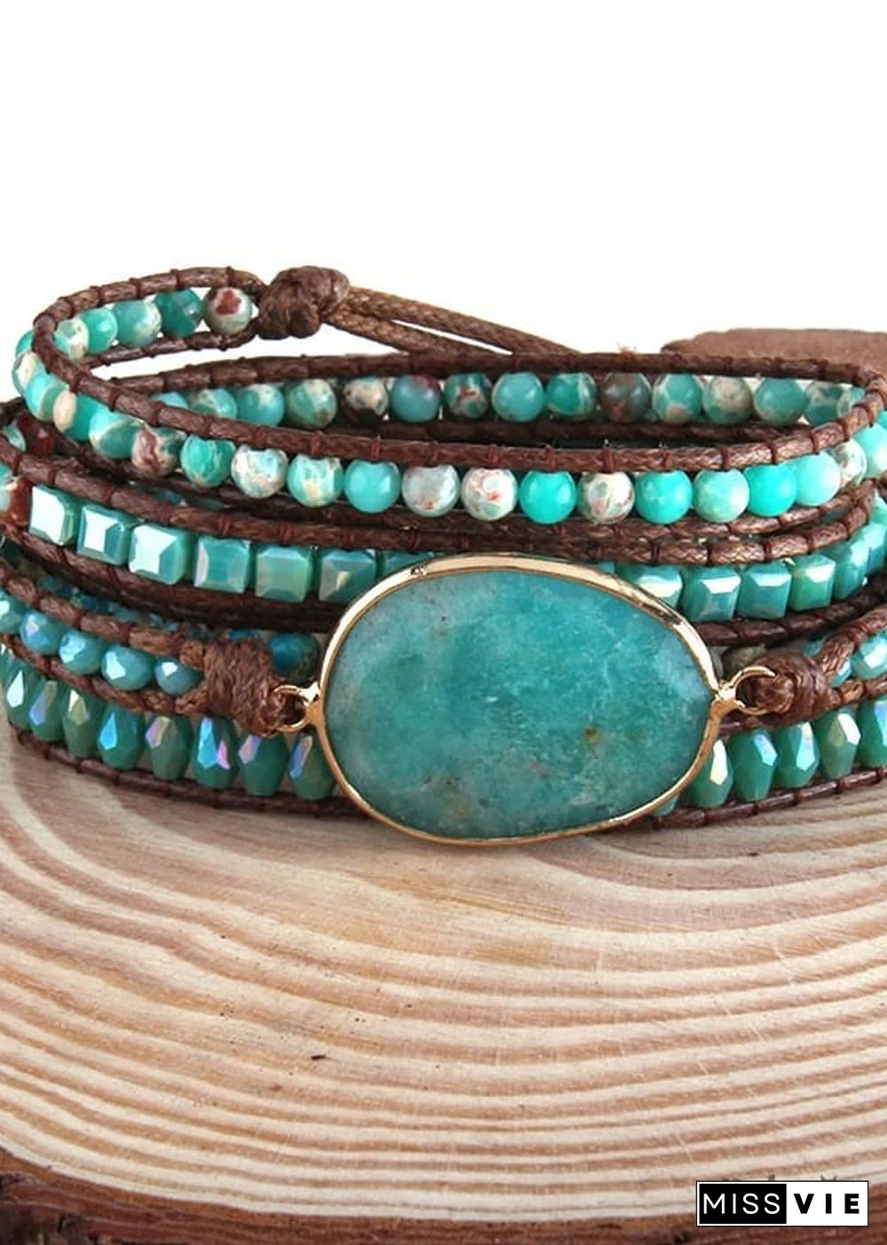 Boho Bracelet, RH 5 Layers Leather Wrap Bracelet, Natural Stones, Green Ocean