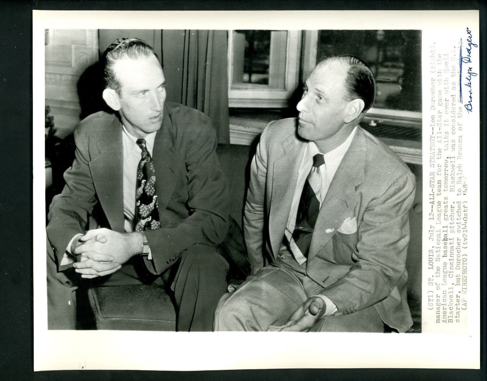 Ewell Blackwell & Leo Durocher 1948 Press Photo Poster painting Cincinnati Reds Brooklyn Dodgers