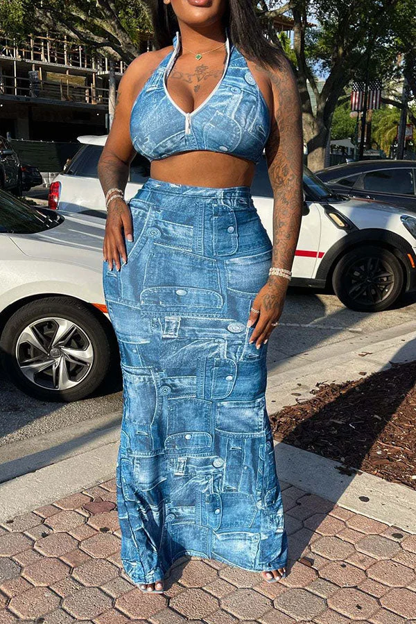 Denim Print Feminine Halter Collar Dress Suit