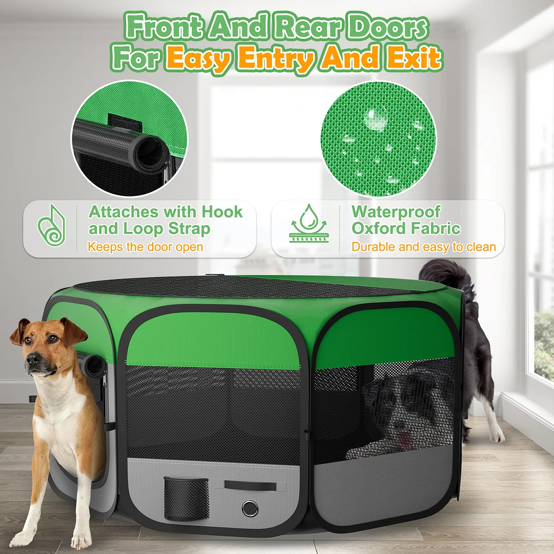 Upgraded Pet Dog Playpen for Small/Medium/Large Dogs Indoor/Outdoor, 600D Oxford Fabric Green Portable Cat Playpen Enclosed with Removable Zipper Top and Bottom（S）