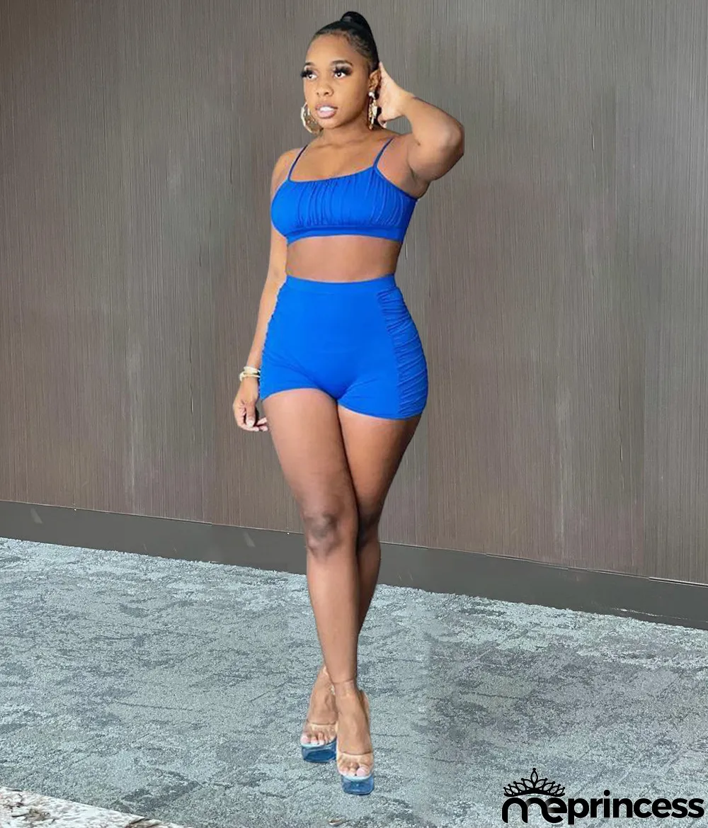 Sexy Solid Ruched Cami Top And Shorts 2 Piece Sets