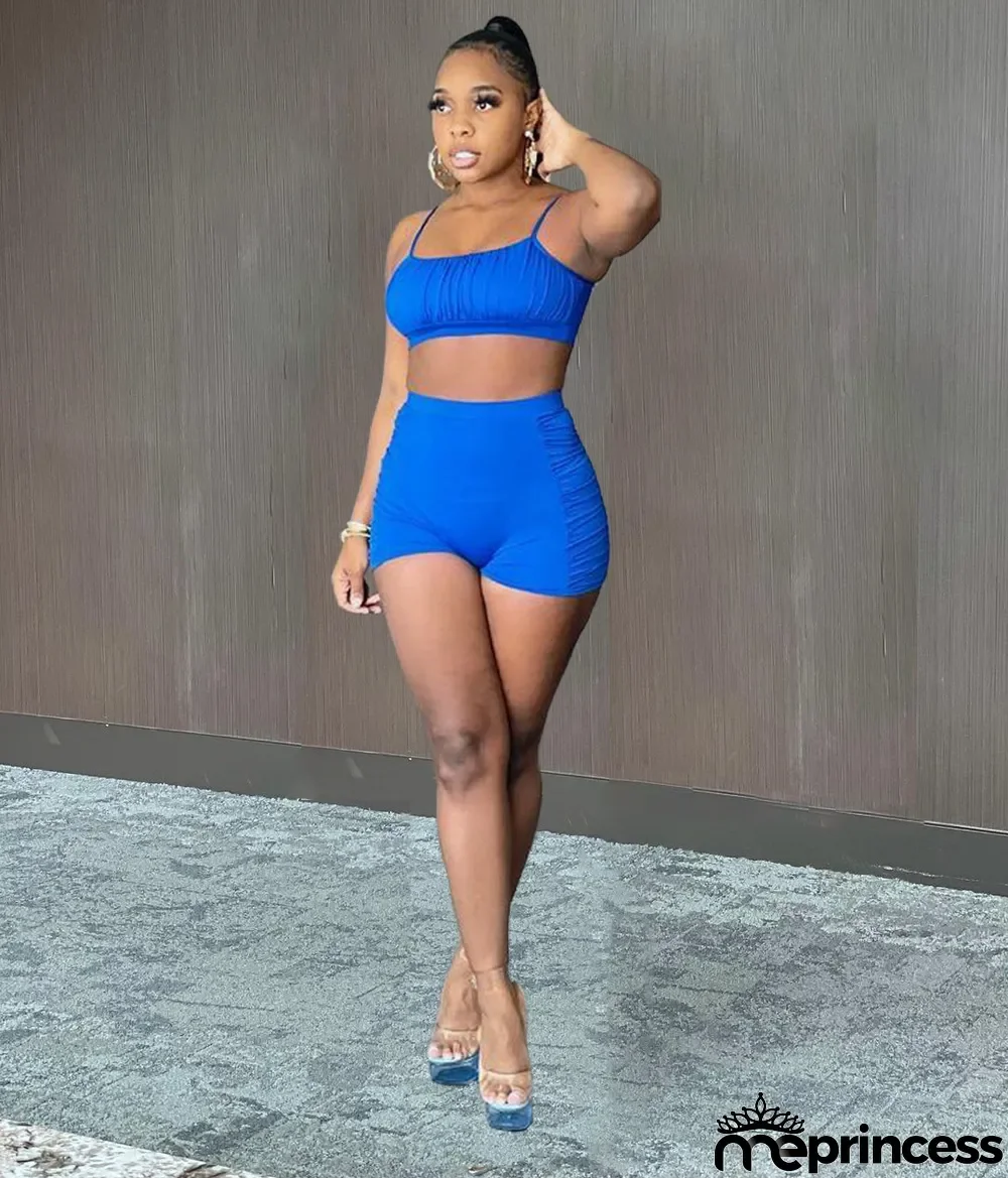 Sexy Solid Ruched Cami Top And Shorts 2 Piece Sets