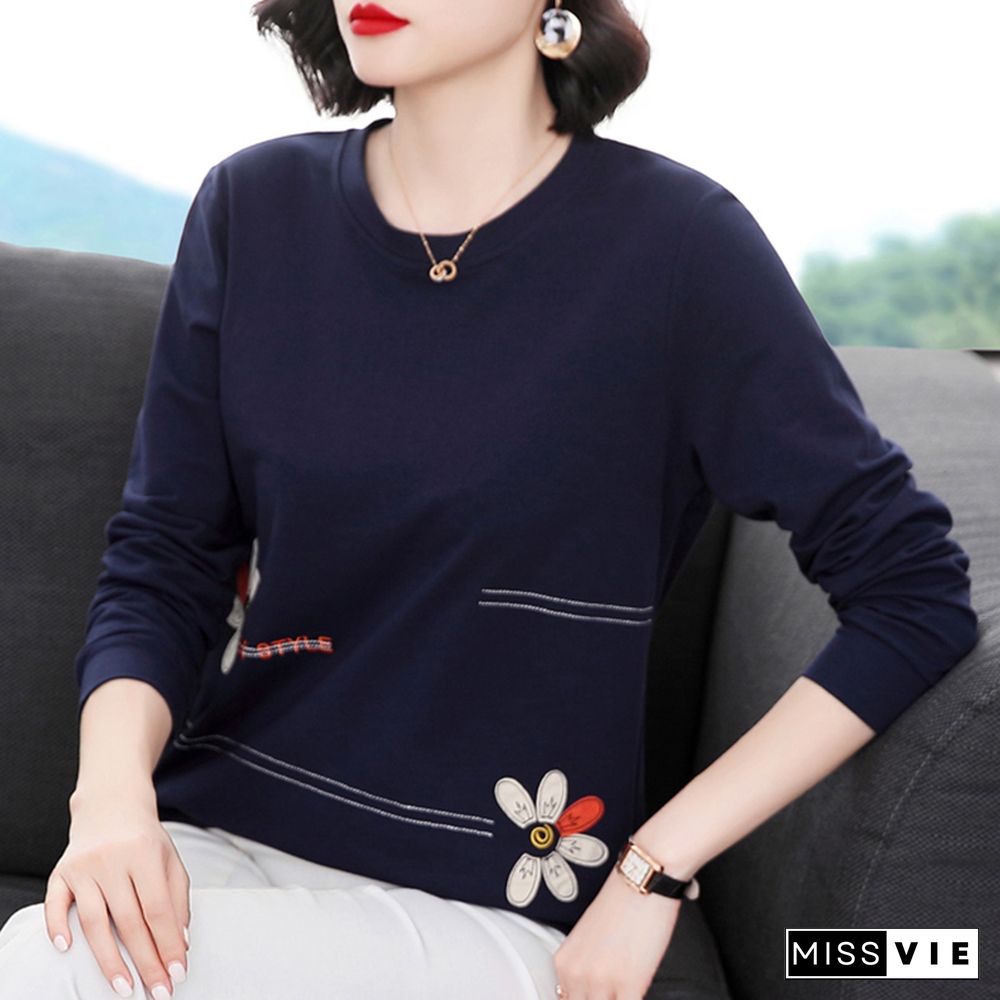 Shintimes Floral Letter Embroidery Long Sleeve T Shirt Women Spring Autumn T-Shirts Loose Clothes Cotton Tee Shirt Femme