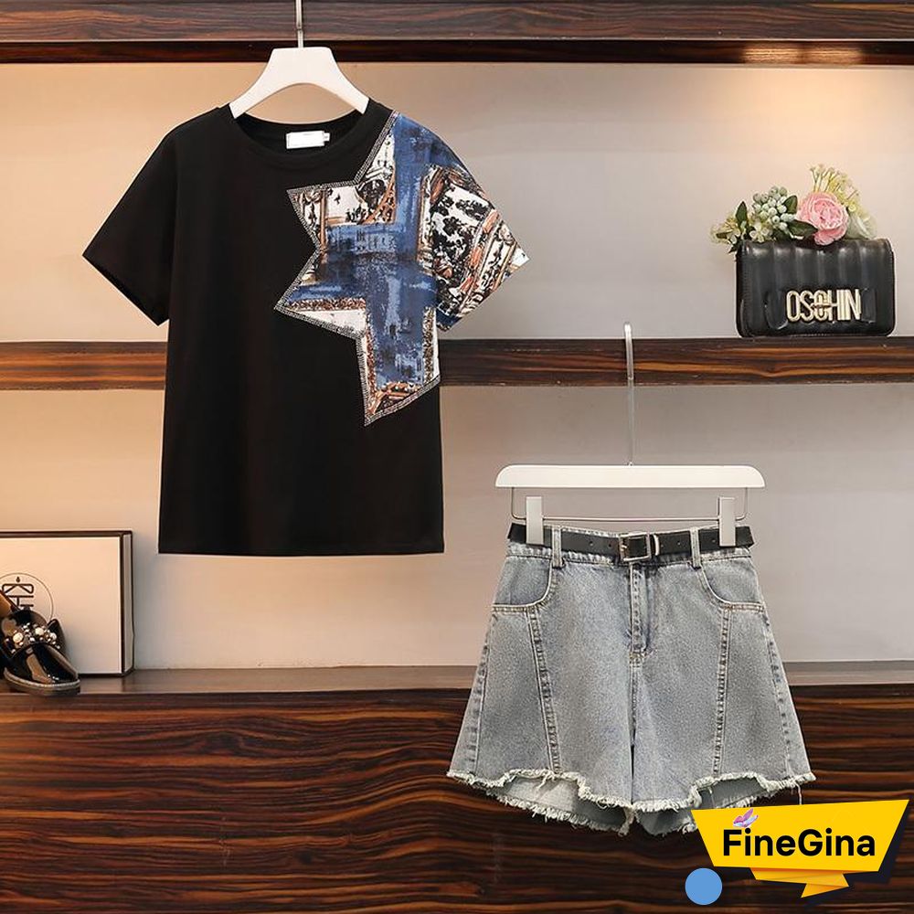 Fashion Print Tee+Denim Shorts P11657