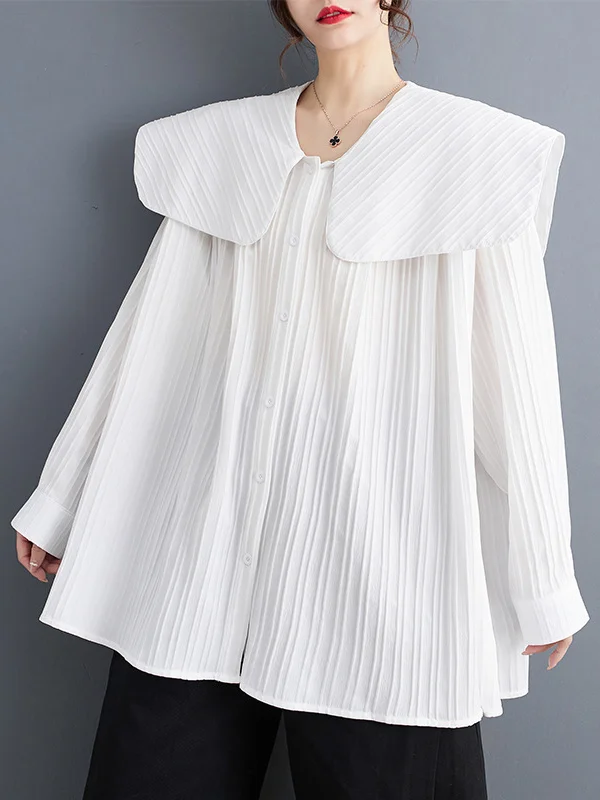 Batwing Sleeves Roomy Pleated Pure Color Peter Pan Collar Shirts Tops