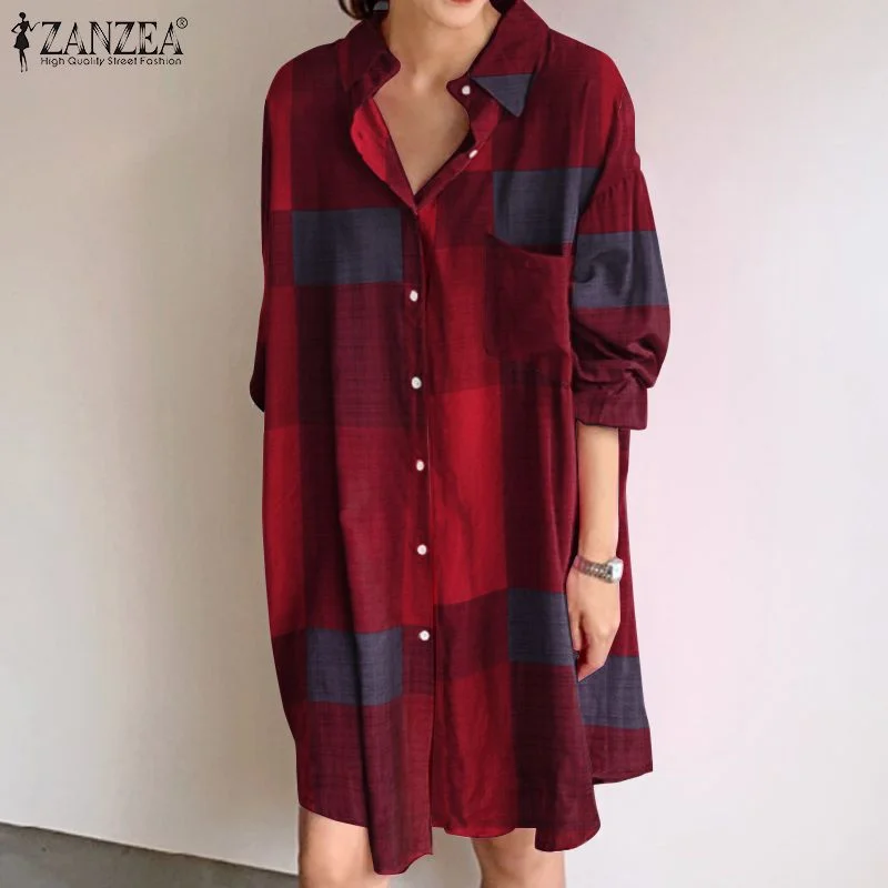 Checked Shirt Dress Long Sleeve Plaid Mini Vestidos Women Summer Sundress ZANZEA 2022 Kaftan Female Casual Floral Robe
