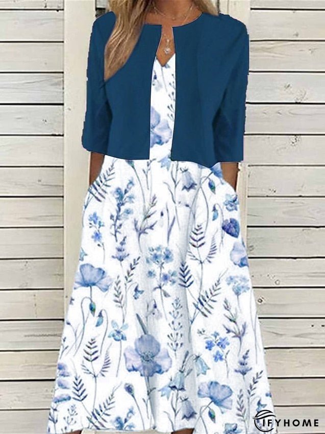 Two Piece Dress Set Casual Dress Print Dress Outdoor Daily Fashion Elegant Pocket Print Midi Dress V Neck Half Sleeve Floral Regular Fit Pink Blue Summer Spring S M L XL XXL for Women | IFYHOME