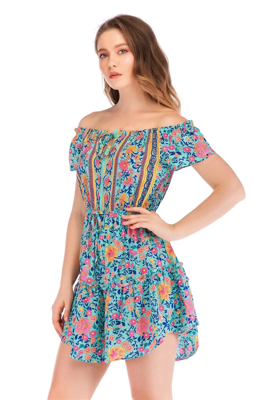 New Cotton Printed Off-the-shoulder Dress Real Shot Spot