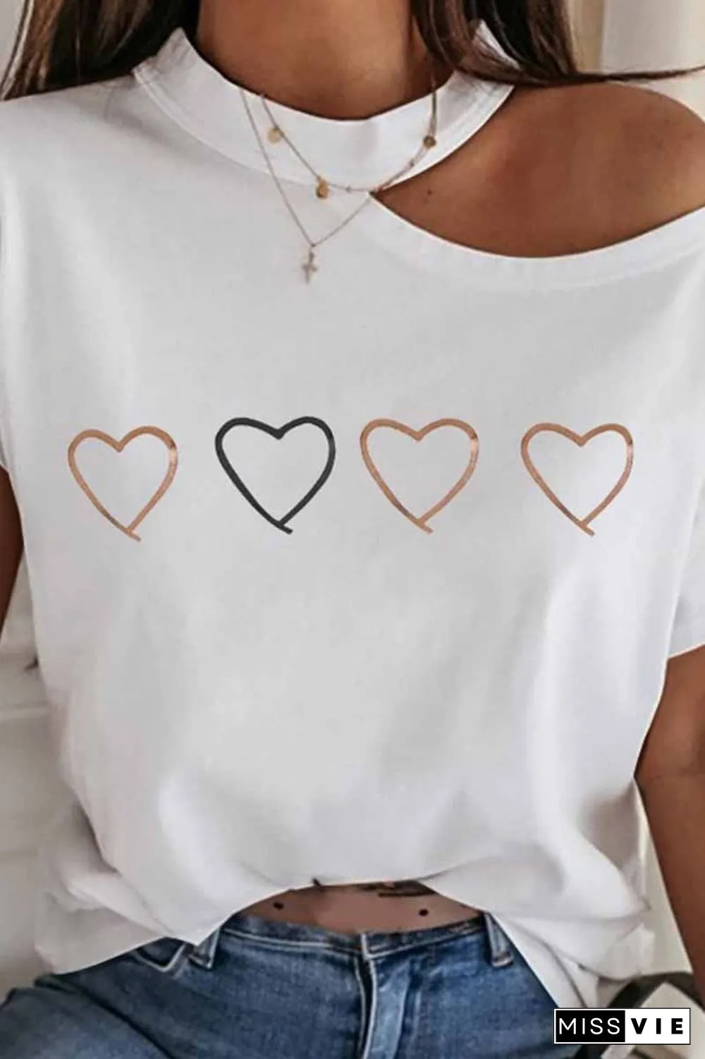 Print Cold Shoulder Short Sleeve T-shirt