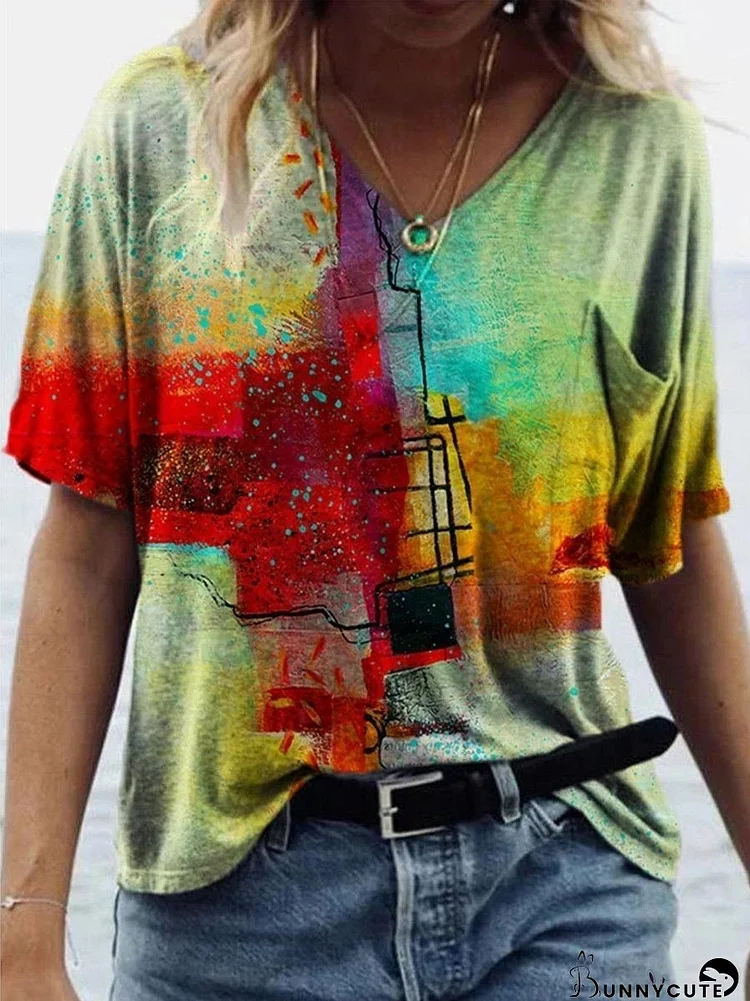 Color Block Print Short-sleeved T-shirt for Women