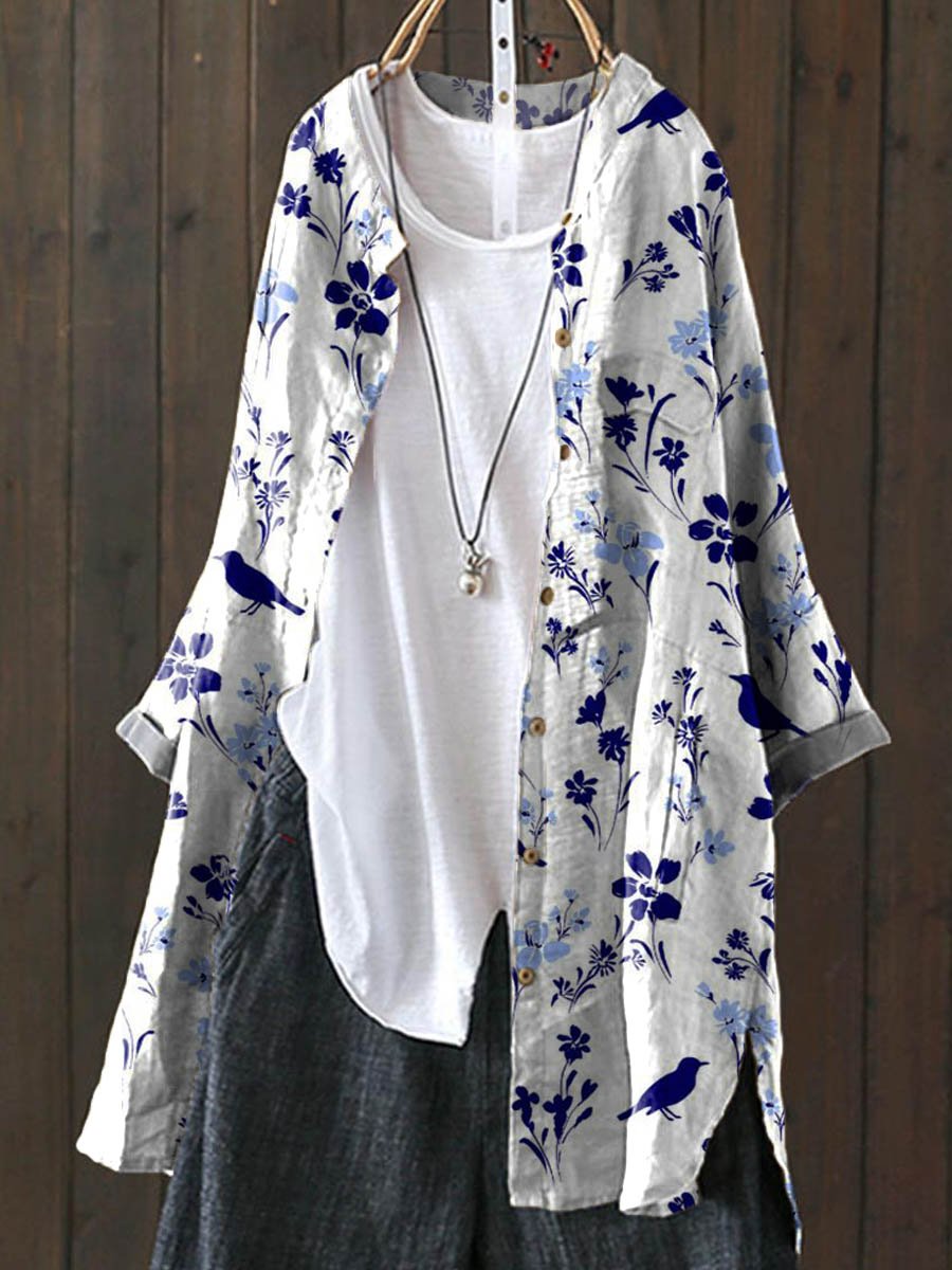 Women's Vintage Floral Birds Art Print Loose Casual Top Jacket