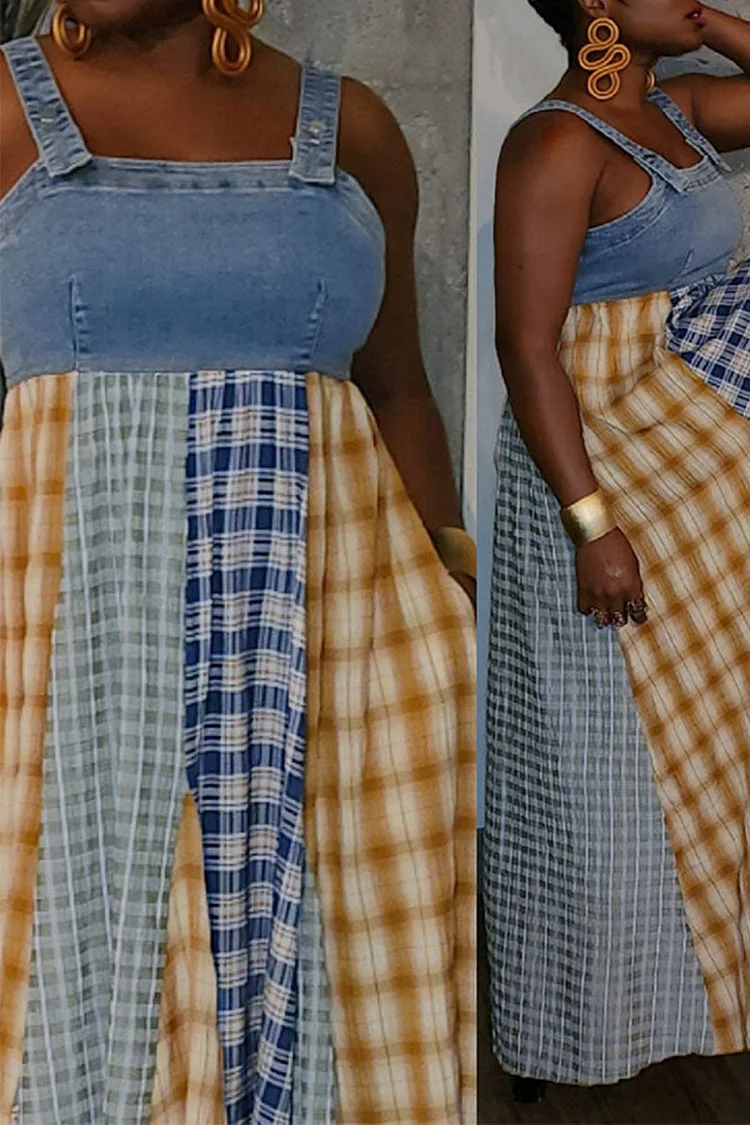 Plus Size Daily Multicolor Casual Plaid Contrast Denim Maxi Dresses [Pre-Order]