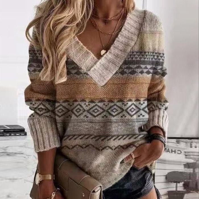 Casual V-neck Totem Print Long Sleeve Knit Top