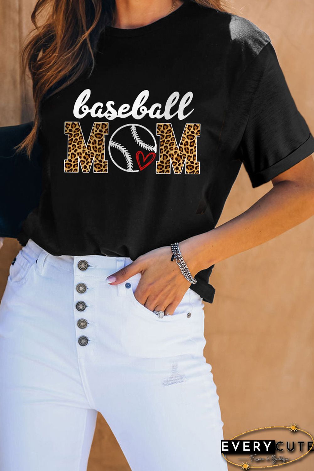 Black Casual Mama Letter Print Leopard Graphic Tee