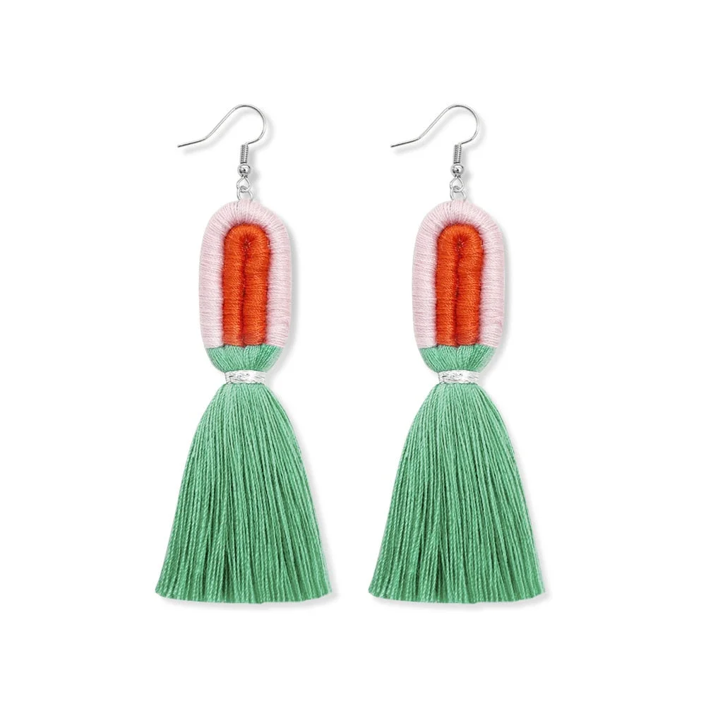 Dvacaman Bohemian Rainbow Handmade Macrame Earrings for Women Cotton Thread Feather Fringe Tassel Dangle Earrings Ethnic Jewelry