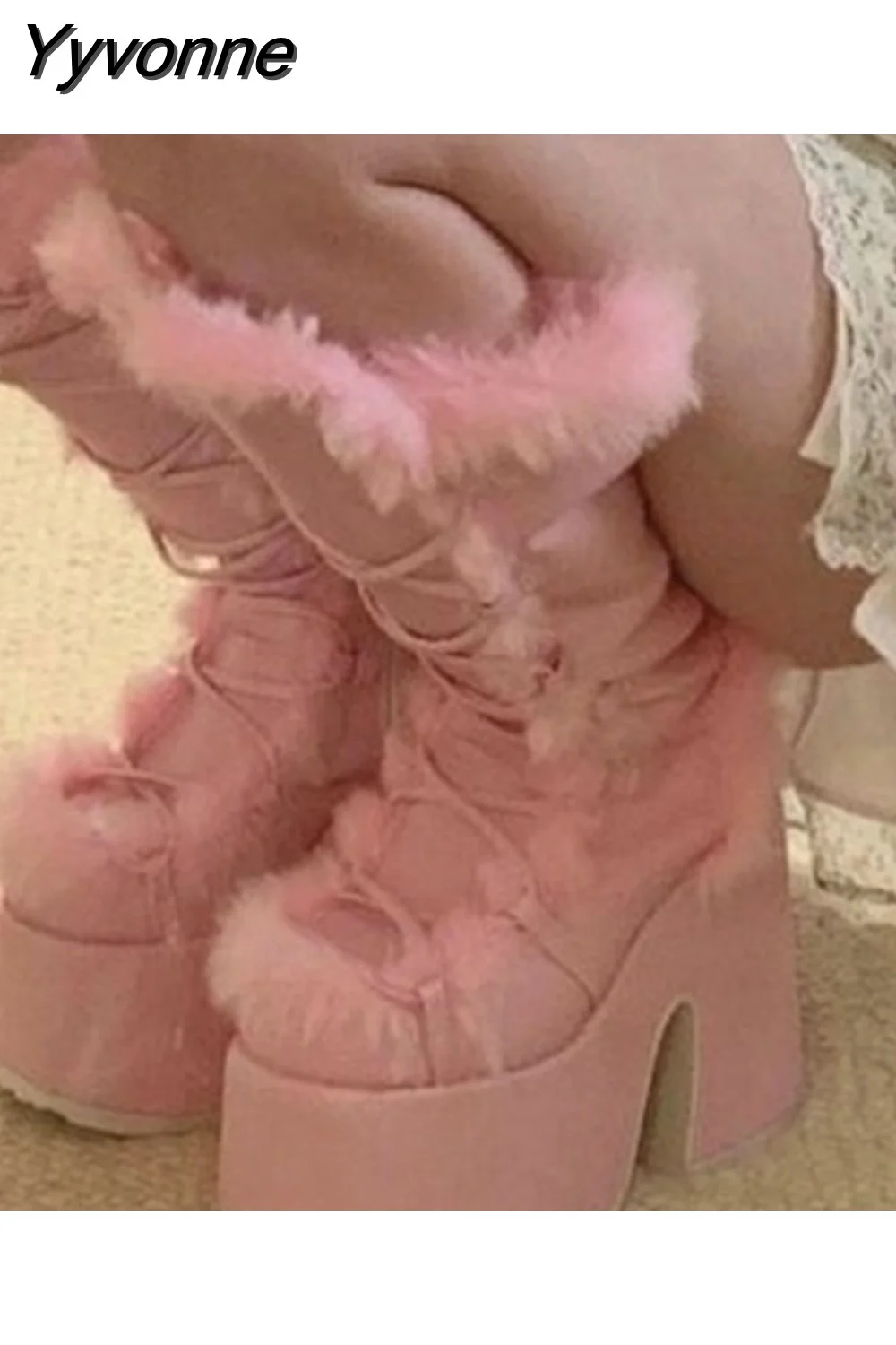 Yyvonne White Fur High Platform Boots High Chunky Heel Round Toe Mid Calf Boots Elegant Women Casual Outfit Winter Cross Tied Shoes 715-1