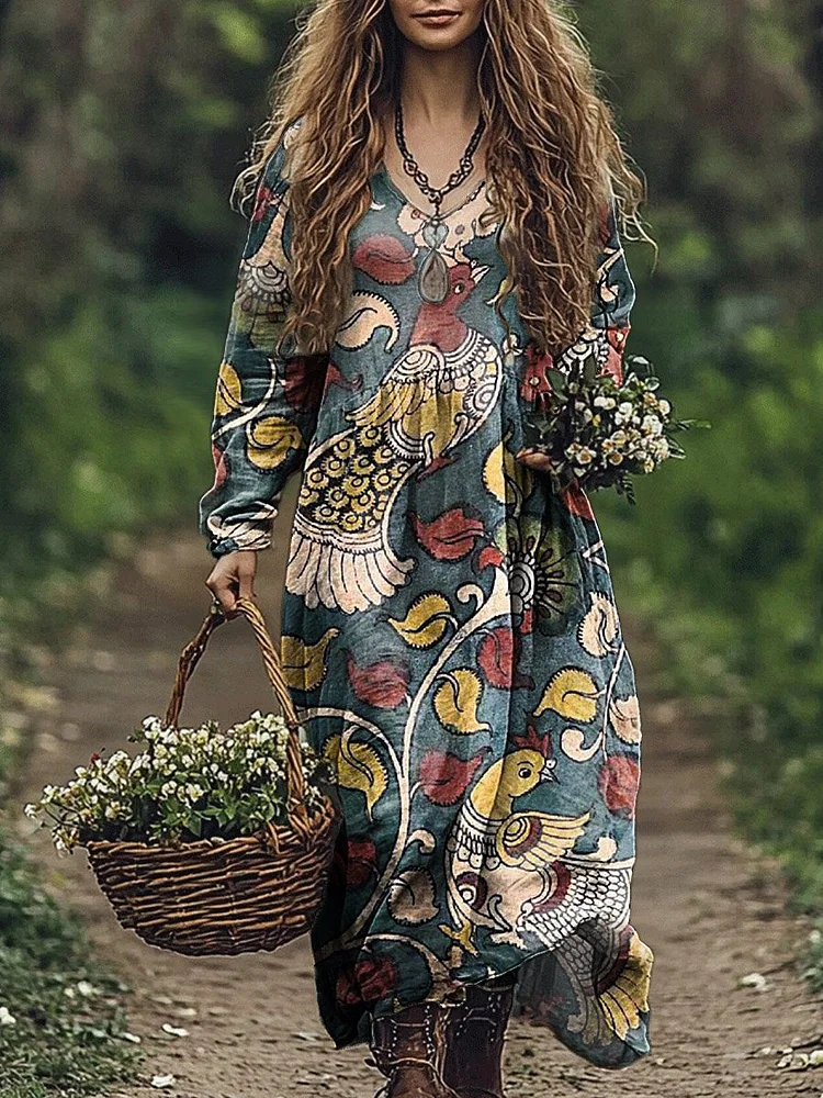 Women's Vintage Flower Print Pocket Cotton Dress