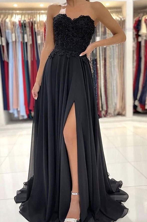 Ovlias Graceful Black Strapless Sleeveless Split Flowy Sheer Prom Dress LY0475