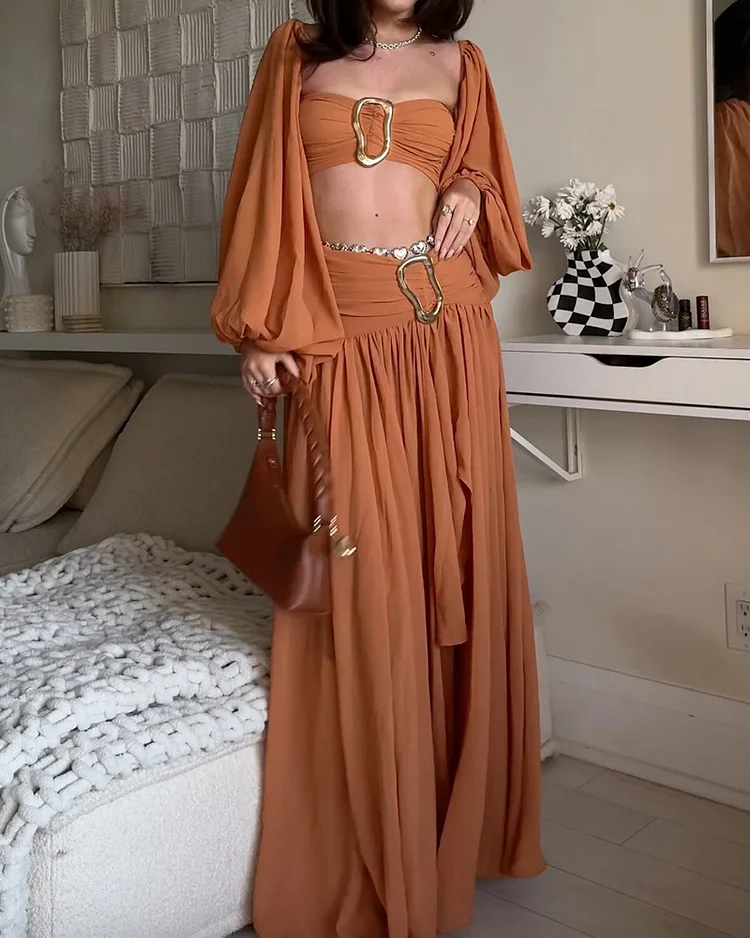 Long-sleeved Bandeau Top and Slit Pleated Skirt Two-piece Suit Without Waist Chain