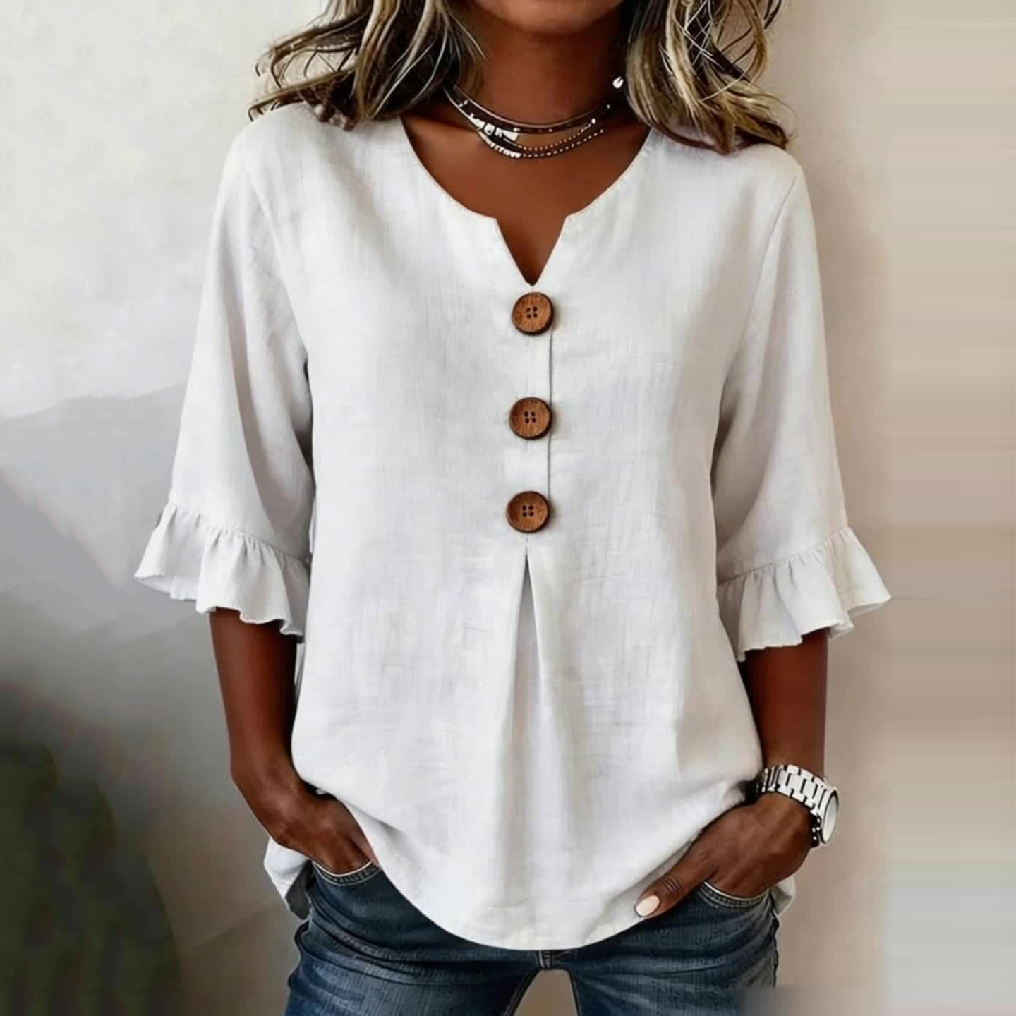 Comstylish Women's Ruffled Mid-sleeve Button-down Shirt