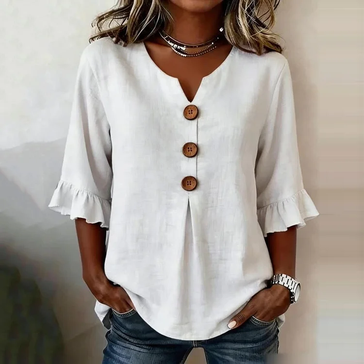 Women's Ruffled Mid-sleeve Button-down Shirt