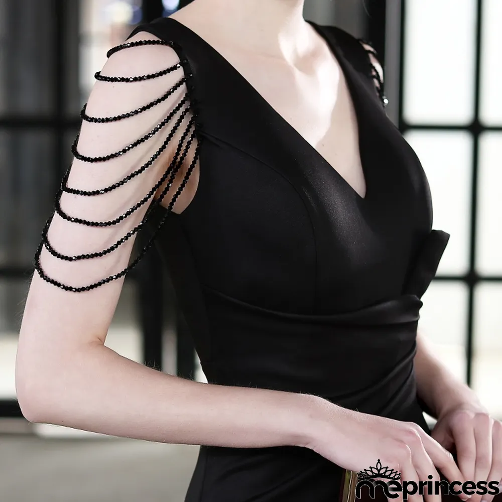 Summer Formal Black Chains Slit V-Neck Evening Dress
