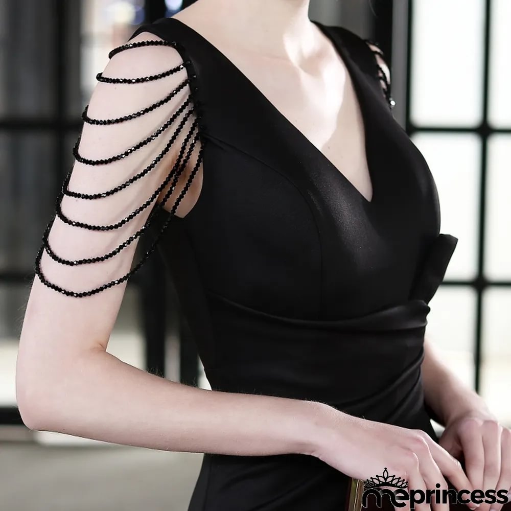Summer Formal Black Chains Slit V-Neck Evening Dress