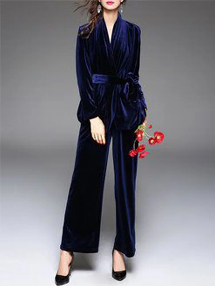 Surplice Neck Long Sleeve Belt Velvet Coat & Pants Set