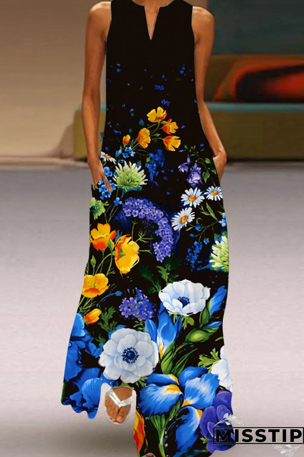 Black Casual Elegant Print Patchwork V Neck Straight Dresses