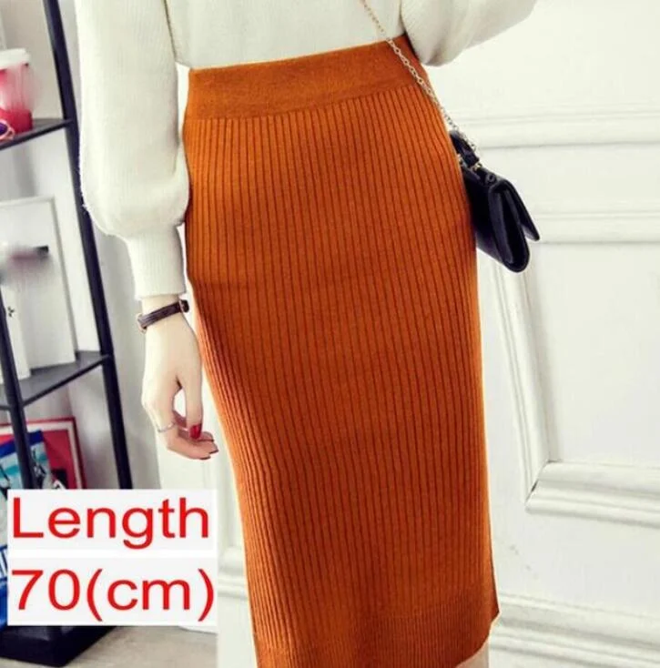 Women Knitted Pencil Skirts Slim Solid Basic Ladies Office High Waist Elegant Midi Skirt 2020 Autumn Winter Warm Womens Skirts