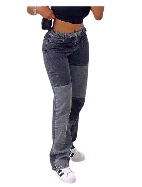 Street Hip-hop Color Contrast Patchwork Casual Jeans High Waist
