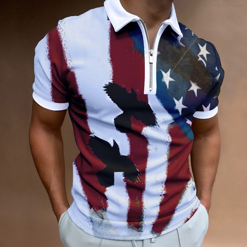 Men's Independence Day printed short sleeved zippered polo shirt PLUSCLOTHESMAN