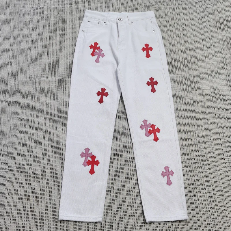 Ueong New Crowne Loose Printed Jeans Cross Leisure Straight Tube Loose White Washed Trousers