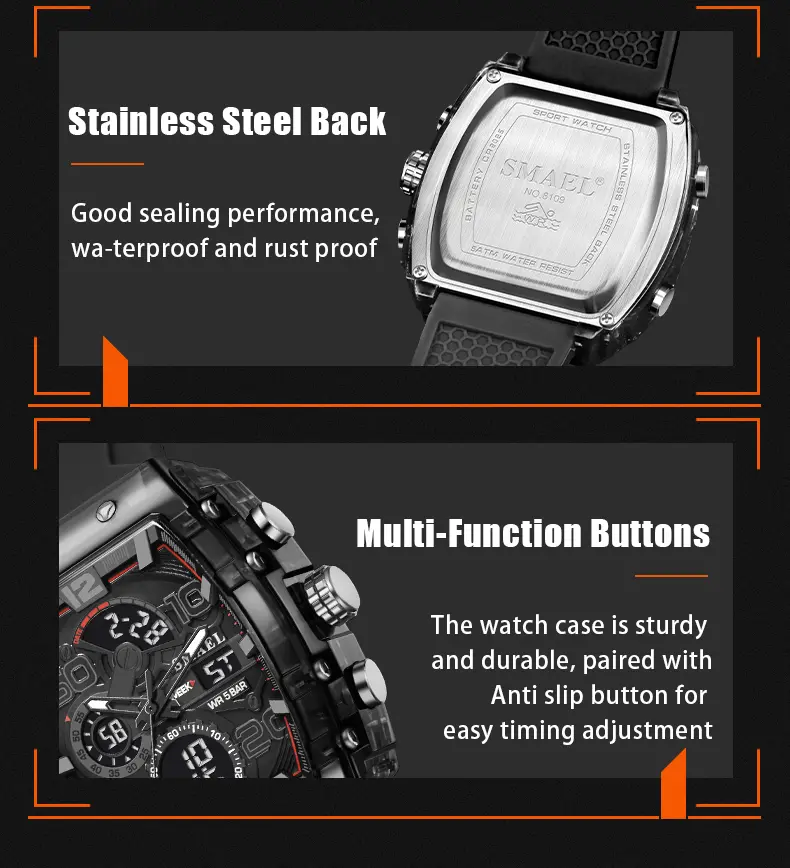 Product Introduction of Electronic Watch, SMAEL, For Men, Suitable for Students and Sports, Waterproof, Glow-in-the-Dark, Multifunctional, Outdoor Personality Square Style, 8109, Men's Watch 9