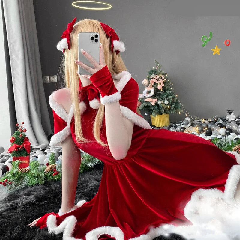 Elegant Cute Christmas Girl Red Halter Santa Dress SP16652