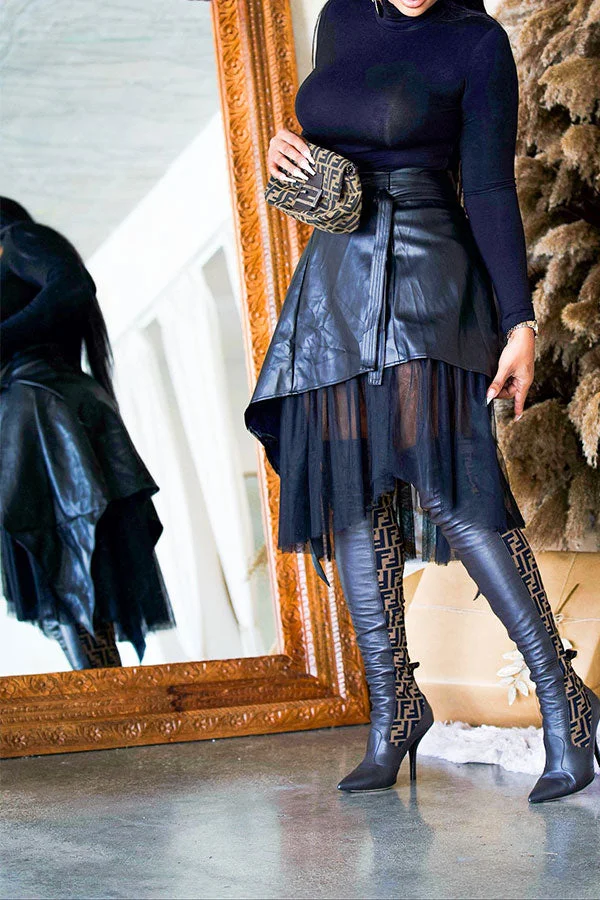 Black PU Gothic Tulle Patchwork Irregular Skirt