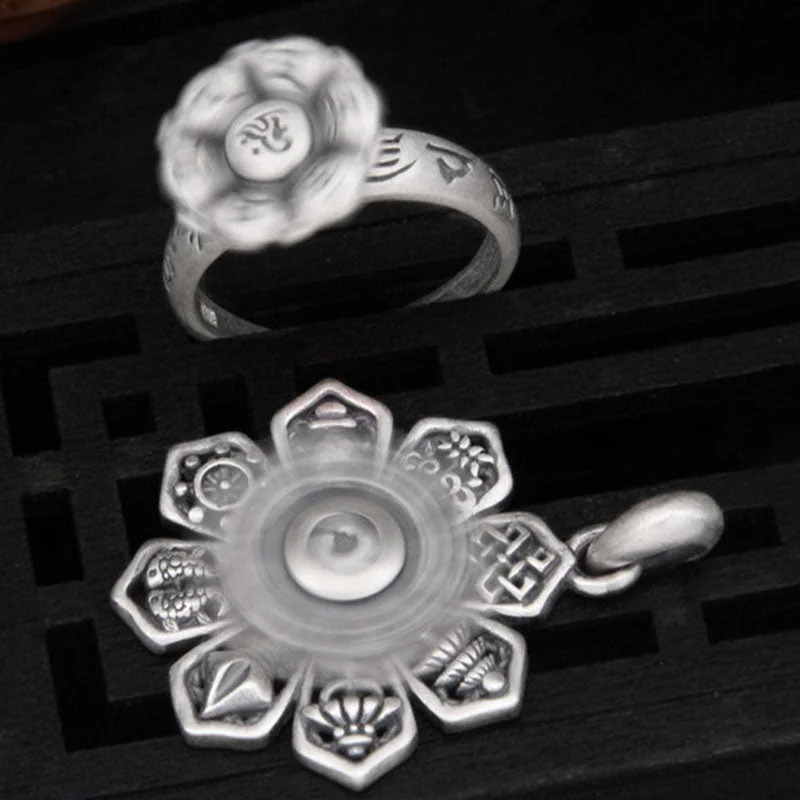 Om Mani Padme Hum Lotus 999 Sterling Silver Swastika Purity Rotatable Necklace Ring