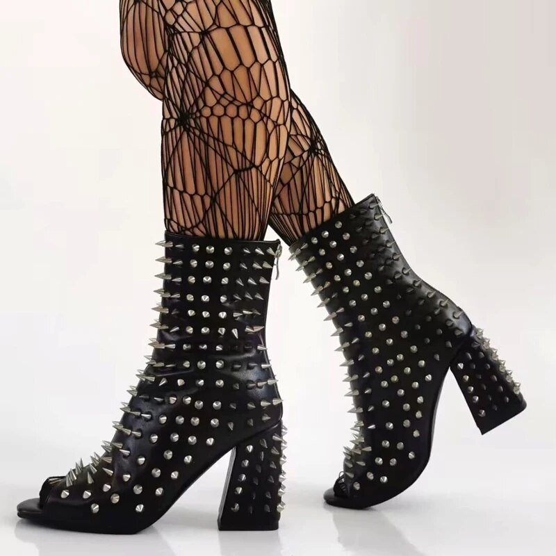 VCSHOES Metal Rivets Studded Peep Toe Ankle Boots Square High Heels Zipper Back Anti-Pervert Spikes Club Punk Booties Woman