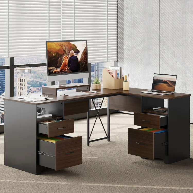 Bestier 63&rdquo; L Shaped Desk with 2 File Drawers & Monitor Stand, Reversible Computer Desk with 2 Storage Drawers, Home Office Desk with 2 Open Compartments, Corner Desk